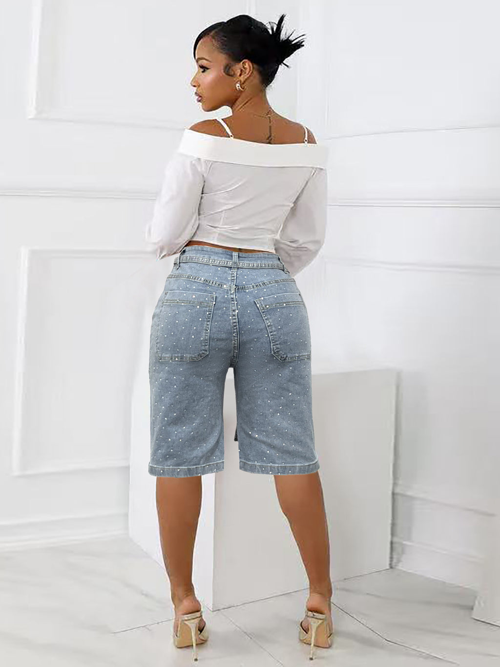 Women's Loose Denim 5-point Full Hot Rhinestone Additional Pants
