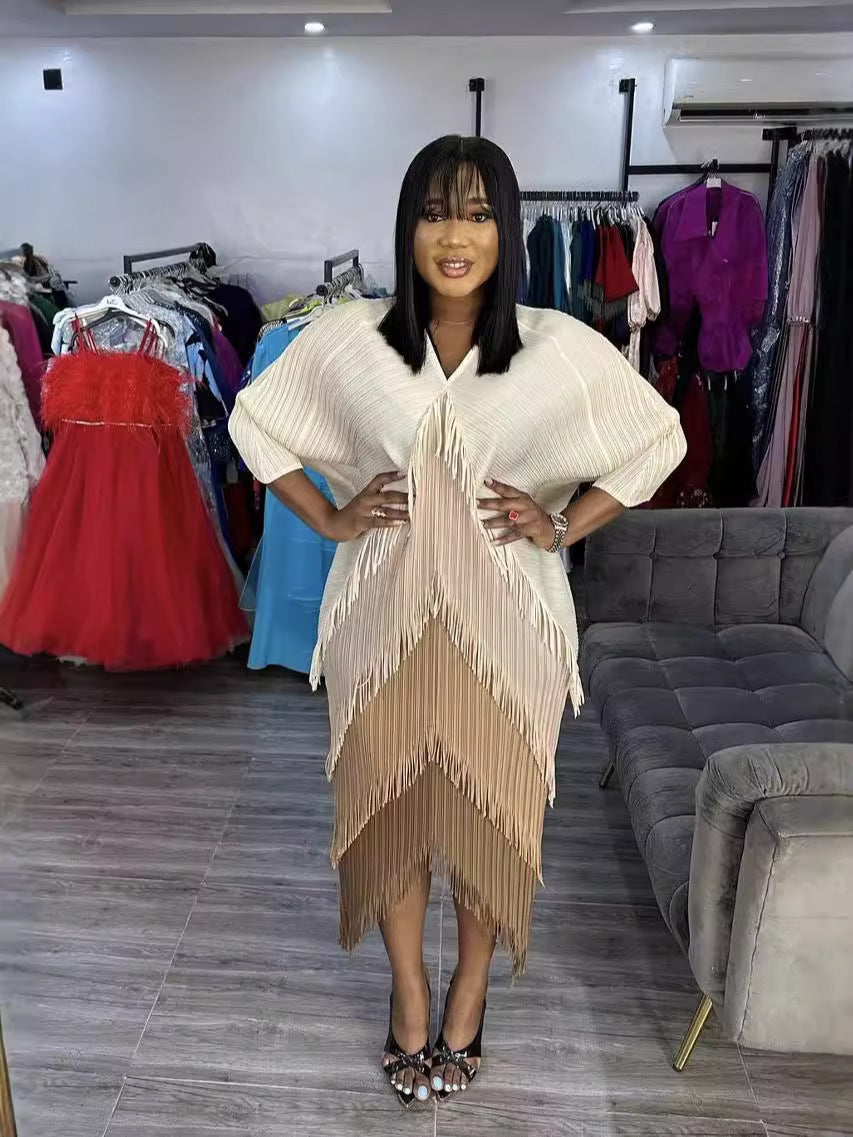 Unique Pleated Color Matching Tassel Bottoming Dress