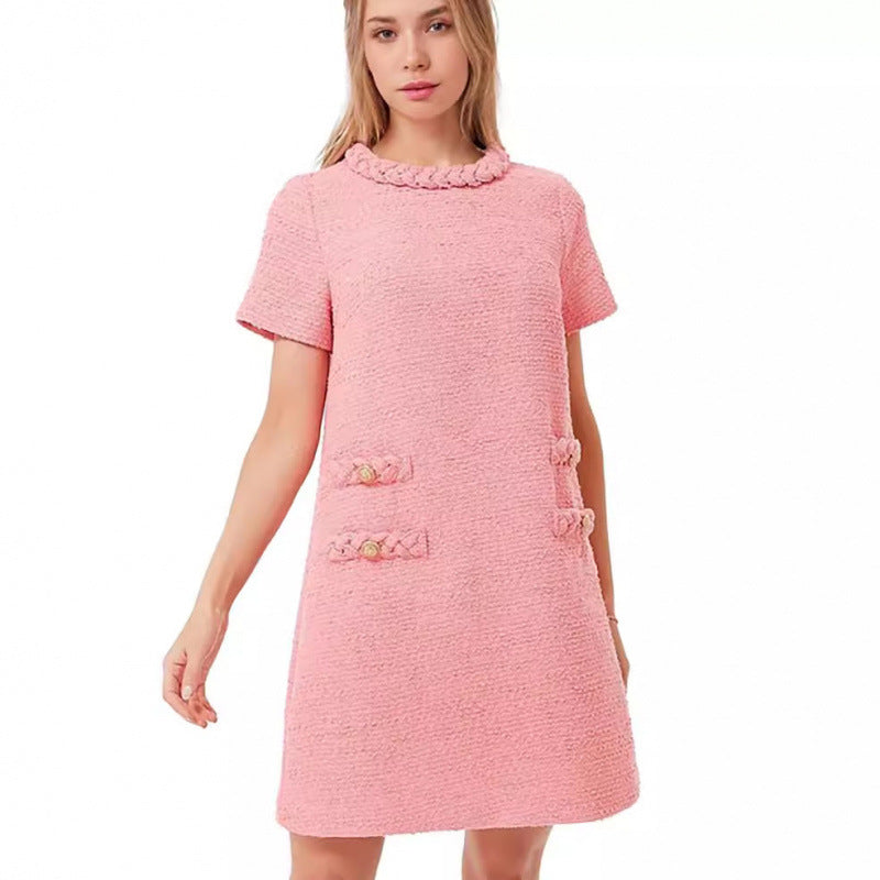 Women's Style Tweed Jack Elegant Round Neck Sleeve Button Shorts