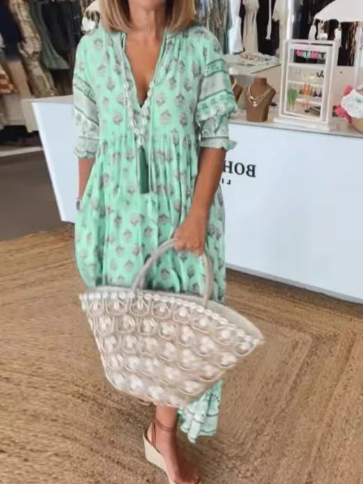 Women's Summer Bohemian Fashion Printed Lantern Sleeve High Waist Big Dress