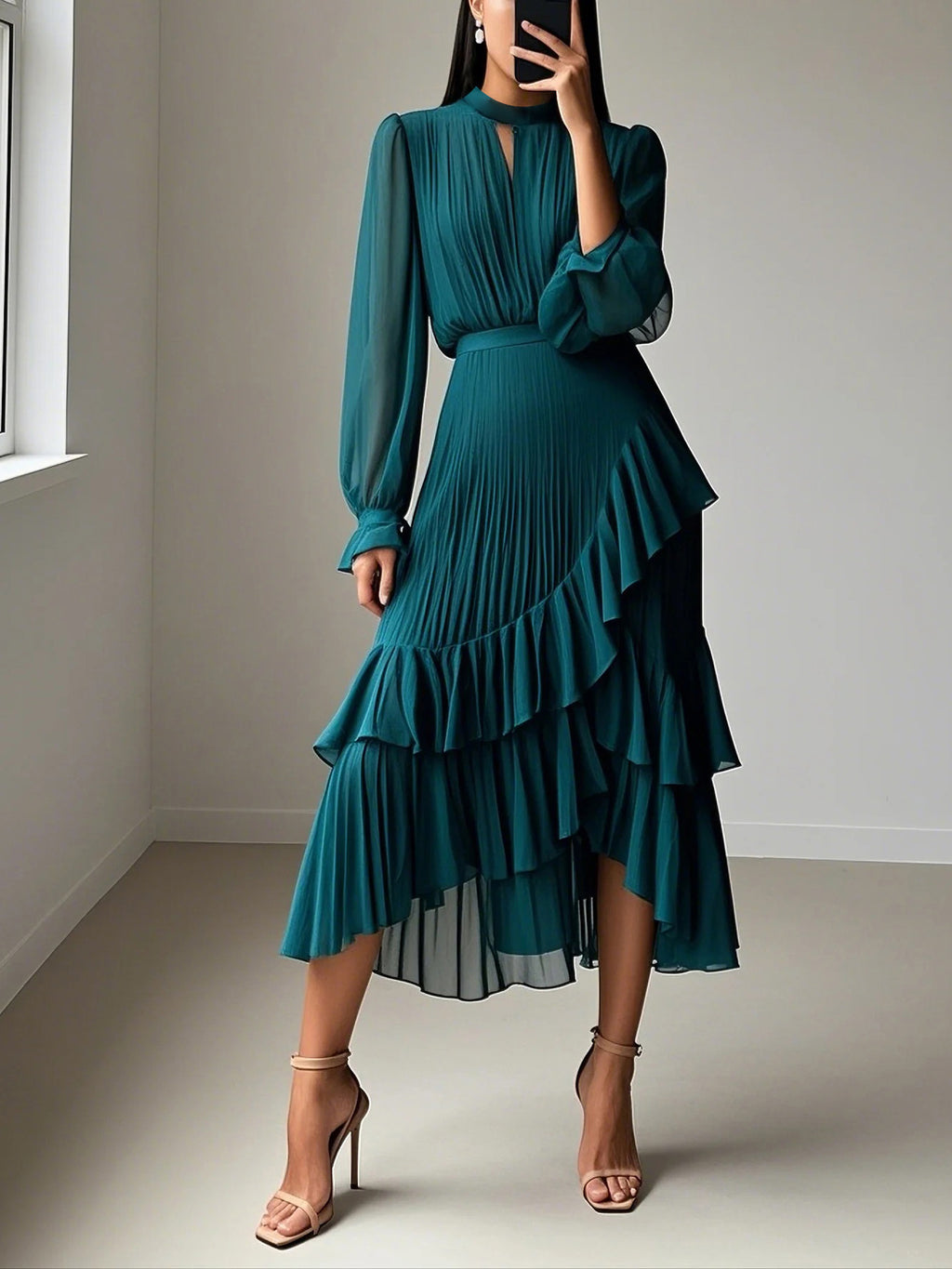 Solid Color Ruffled Pleated Formal Mid-length Dress