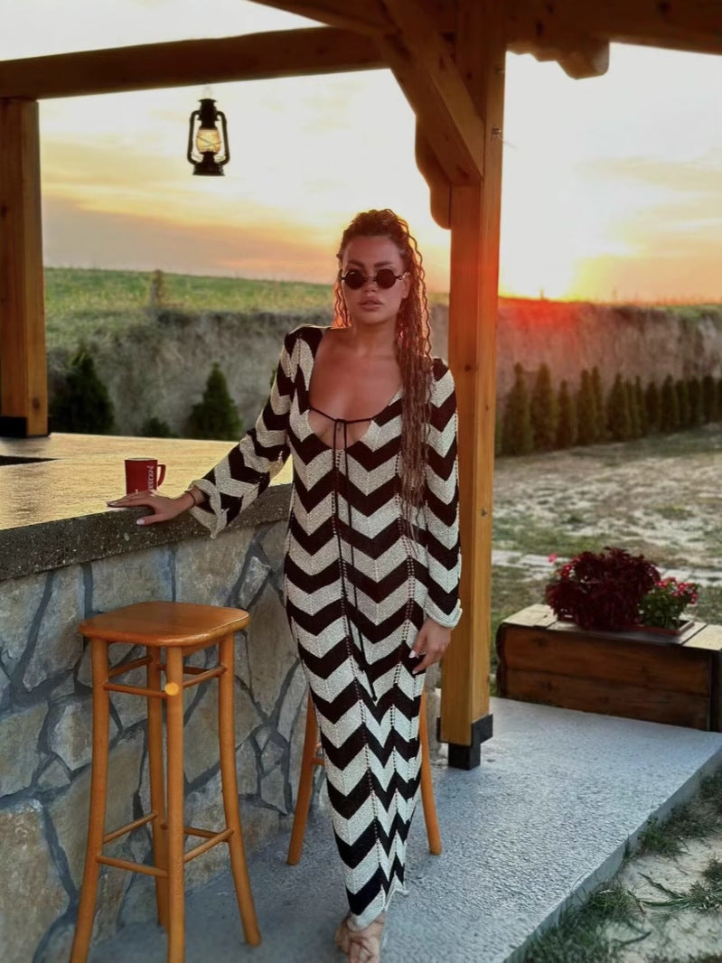 Women's Fashion Wear Elegant Tied Wave Pattern Long Sleeve Dress