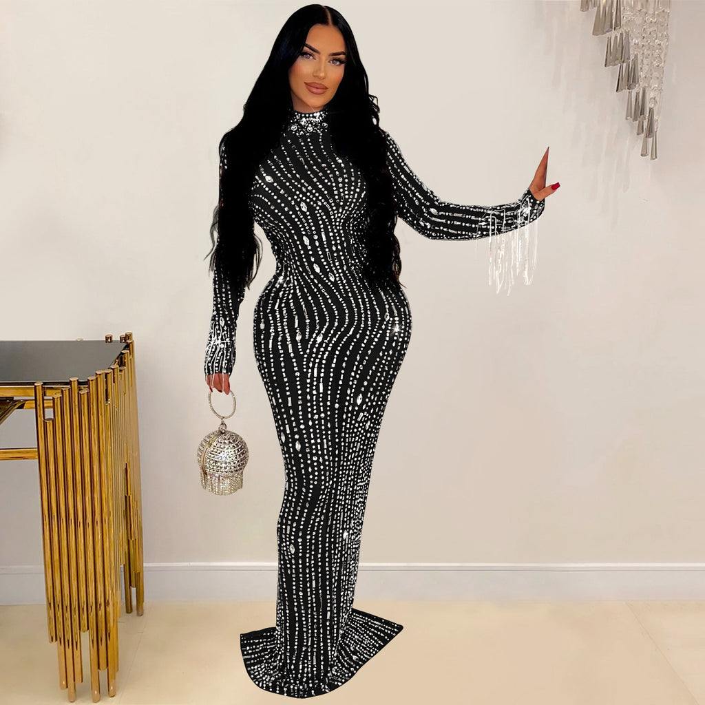Women's Fashion Wear Pure Color Mesh Rhinestone Dress