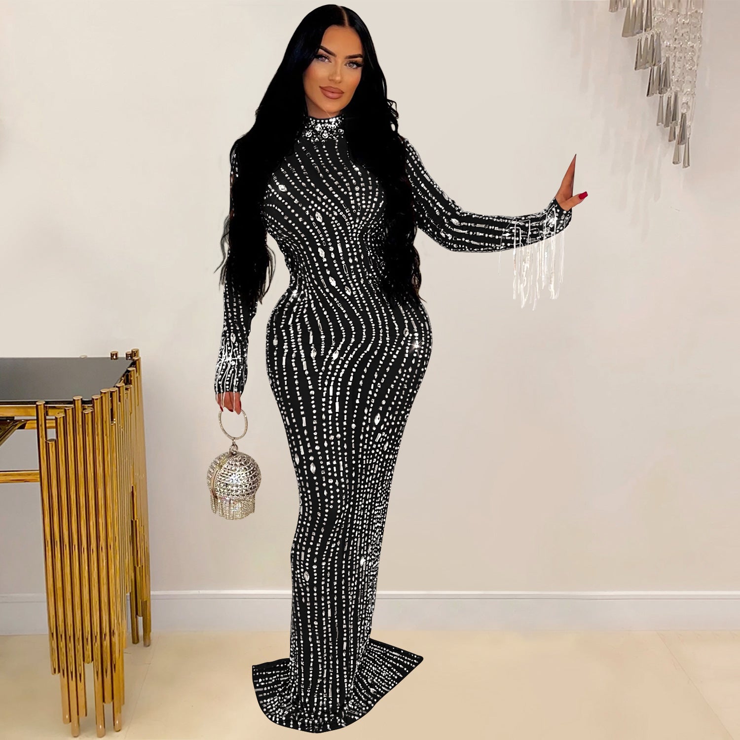 Women's Fashion Wear Pure Color Mesh Rhinestone Dress