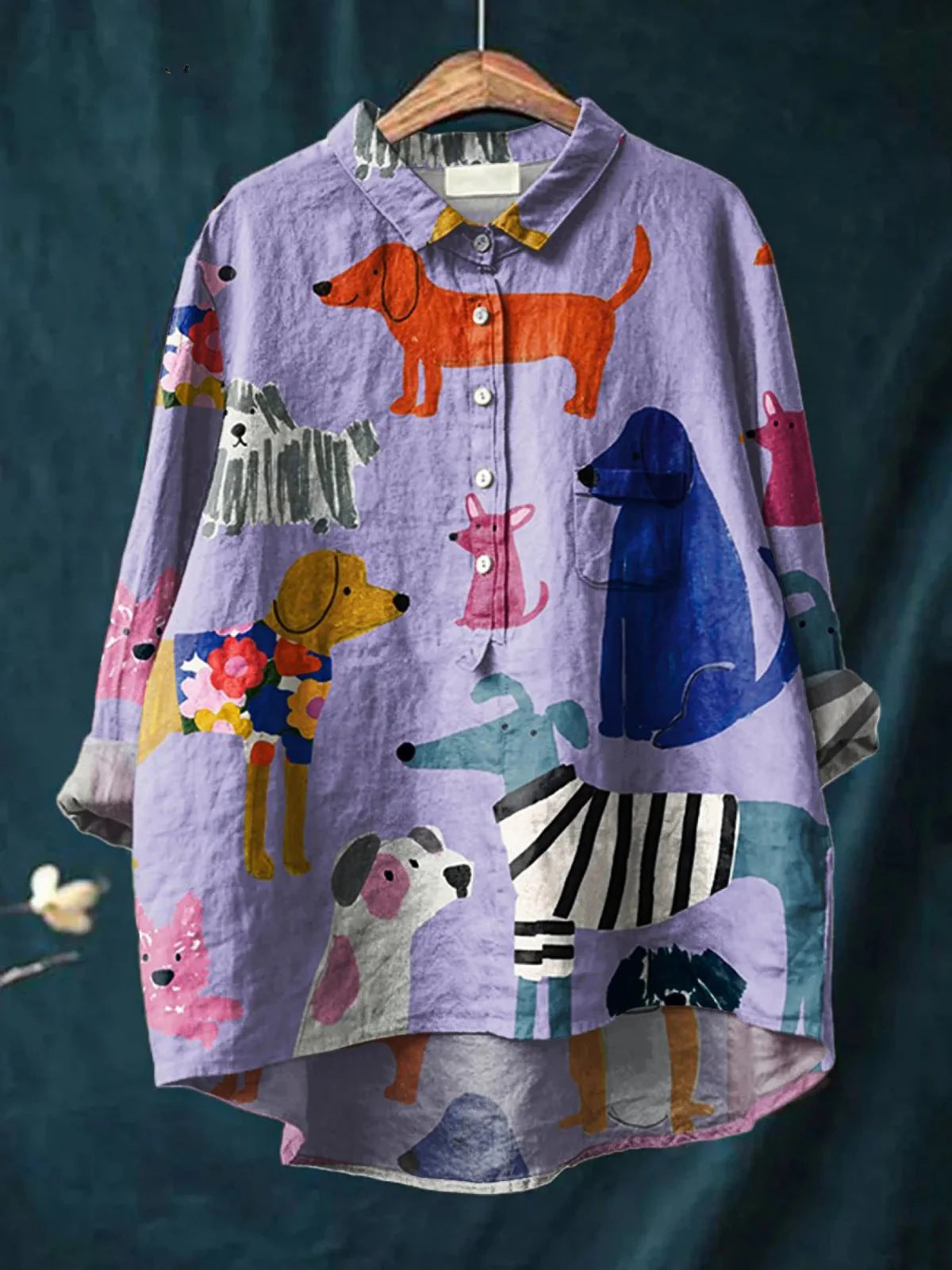Slouchy Women's Shirt Printed Linen Fabric Blouse