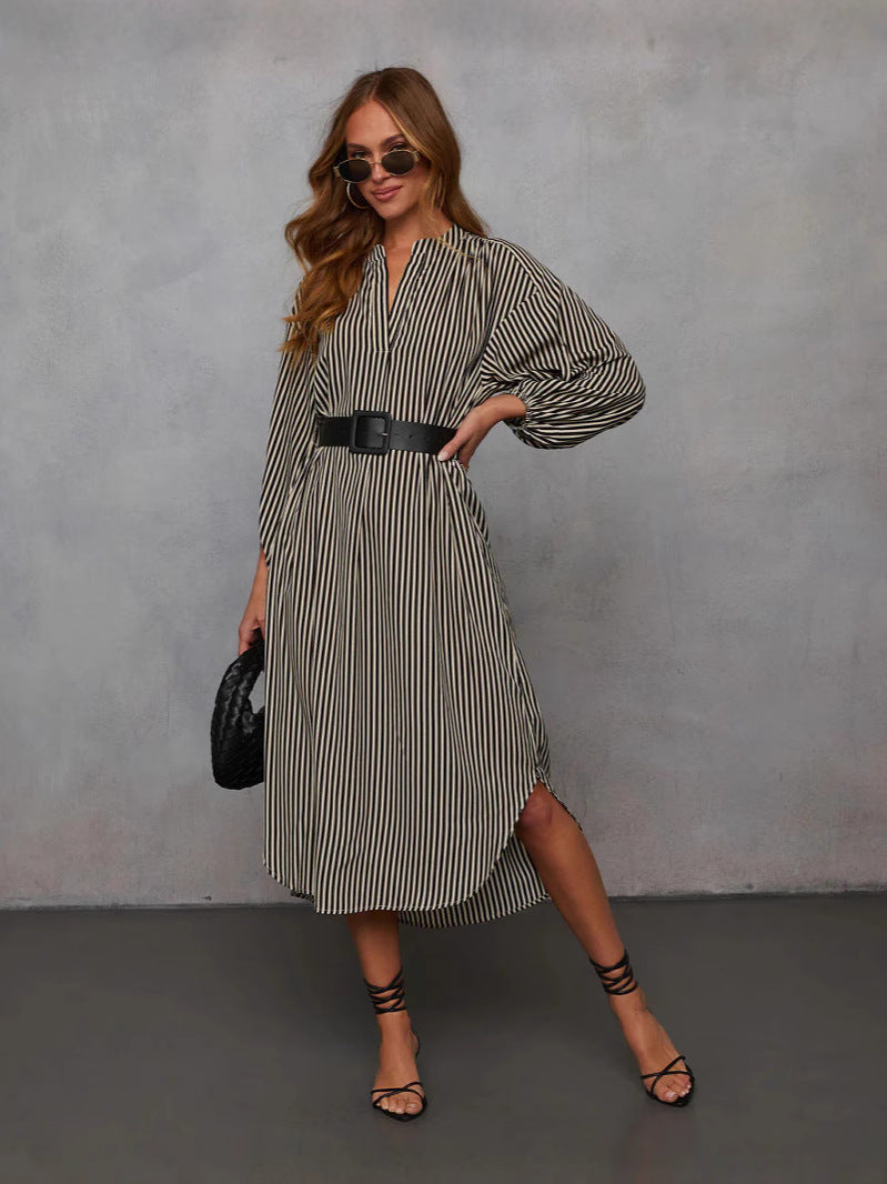 Fashion Striped Belt Long Sleeve Mid-length Dress