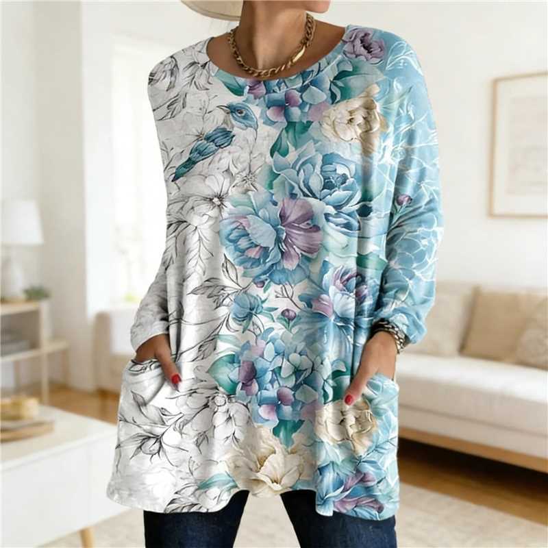 Women's Digital Printing Fashion Round Neck Mid-length Women's T-shirt