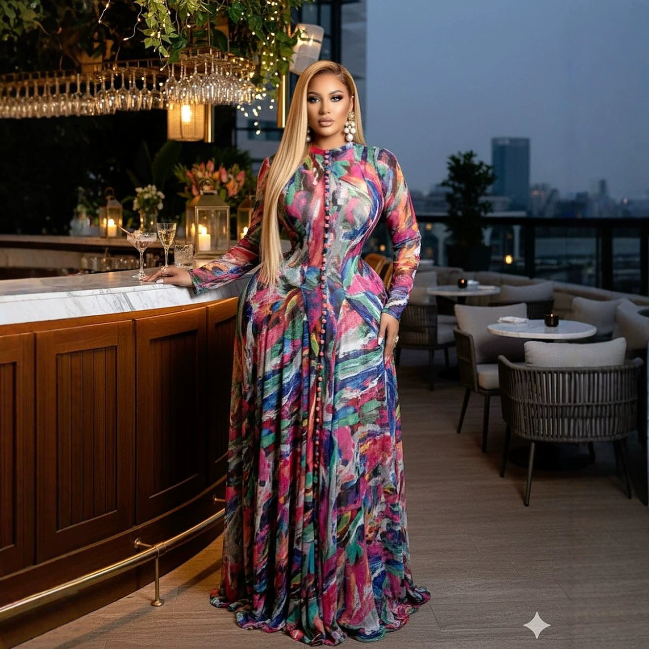 Women's African Temperament Printed Large Swing Round Neck Dress