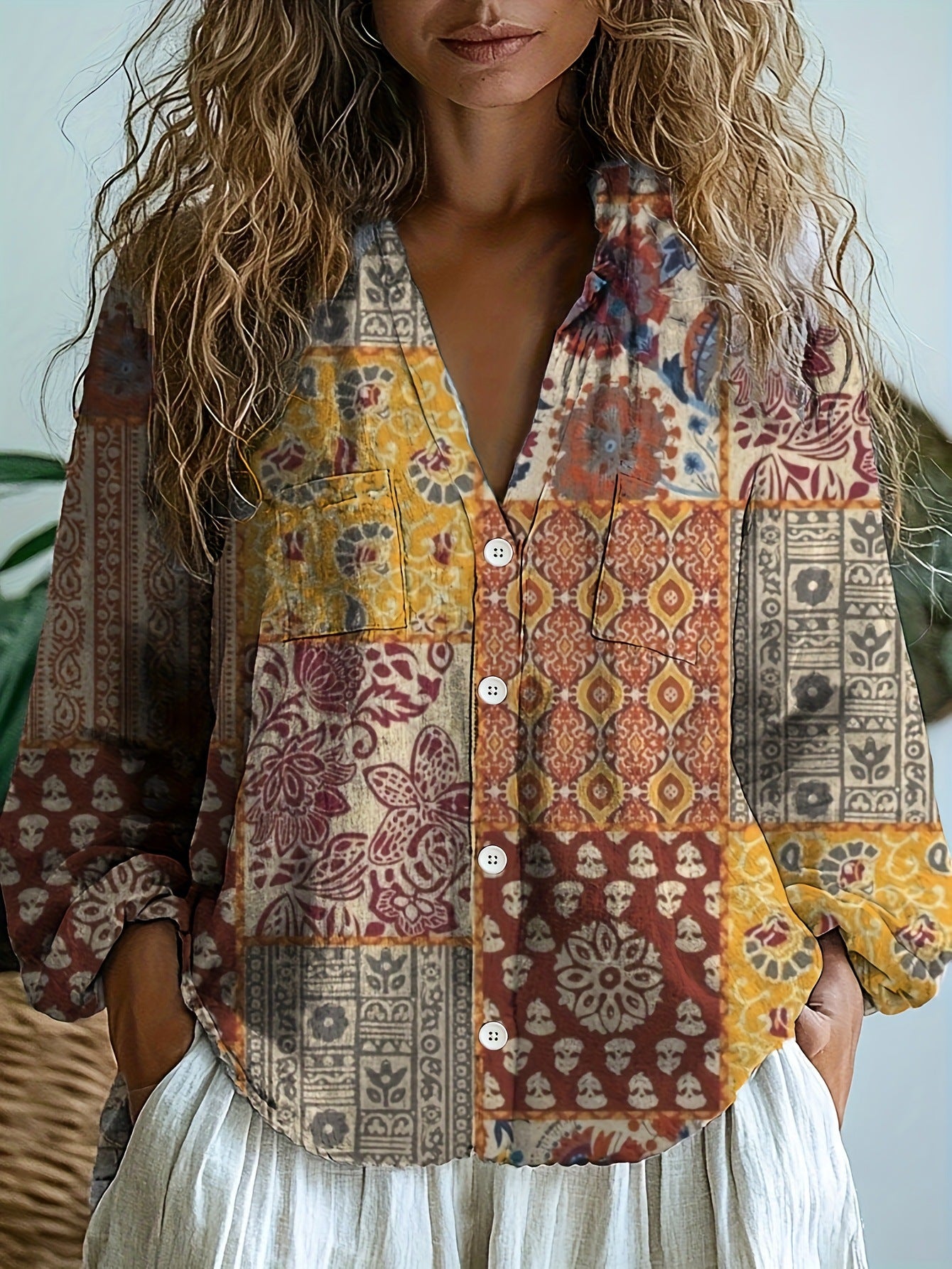 Women's Leisure Commute Shirt Western Ethnic Style Geometric Blouse