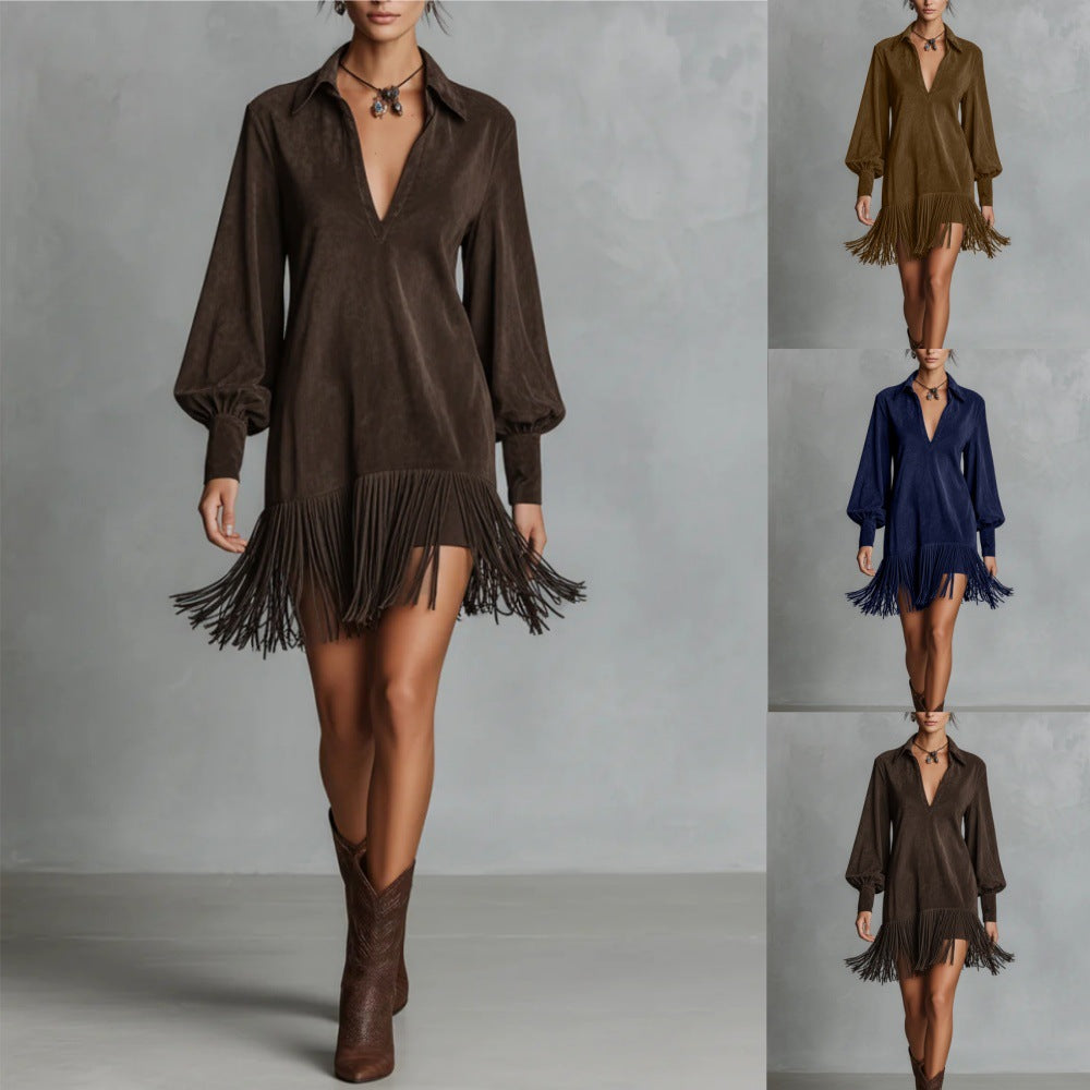 Women's Western Denim Suede Fringed Hem Long-sleeved Dress