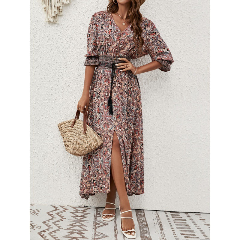 Women's Summer Printed Waist Bohemian Holiday Breasted Dress