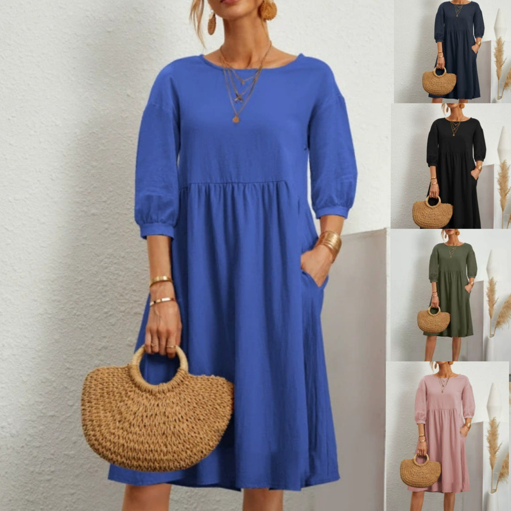 Cotton Linen Solid Color Lantern Sleeve Pleating Loose Skirts