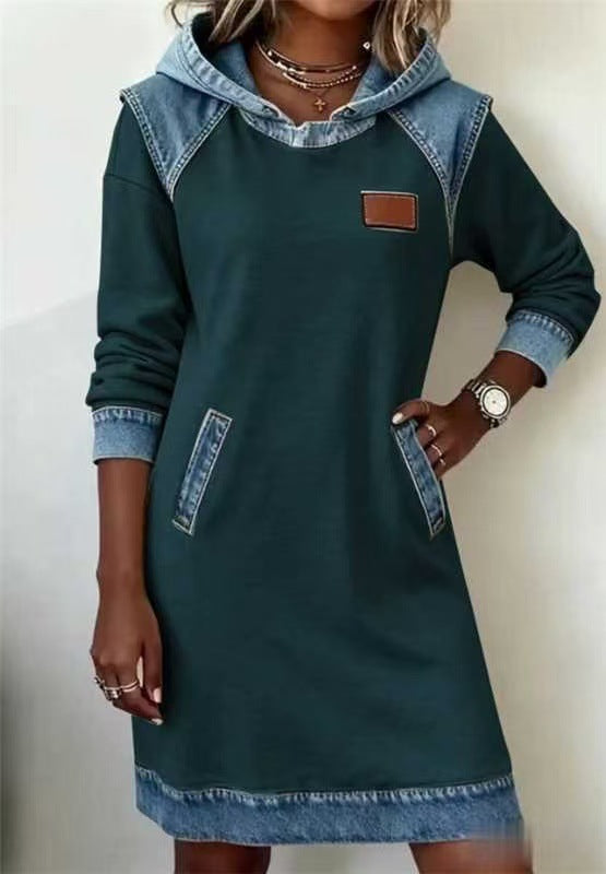 Denim Color Matching Ladies Hoodie Contrast Hat Dress