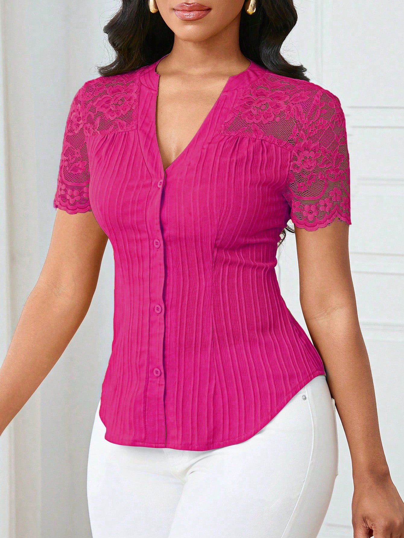 Women's Fashion Single-breasted Solid Color Embroidery Hollow Tops