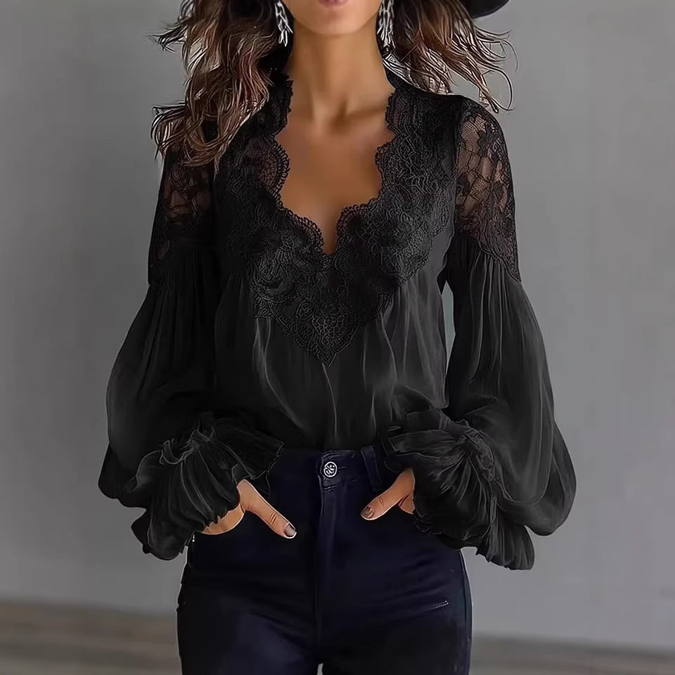 Women's Lace Stitching Puff Sleeve Pleated Shirt Blouse