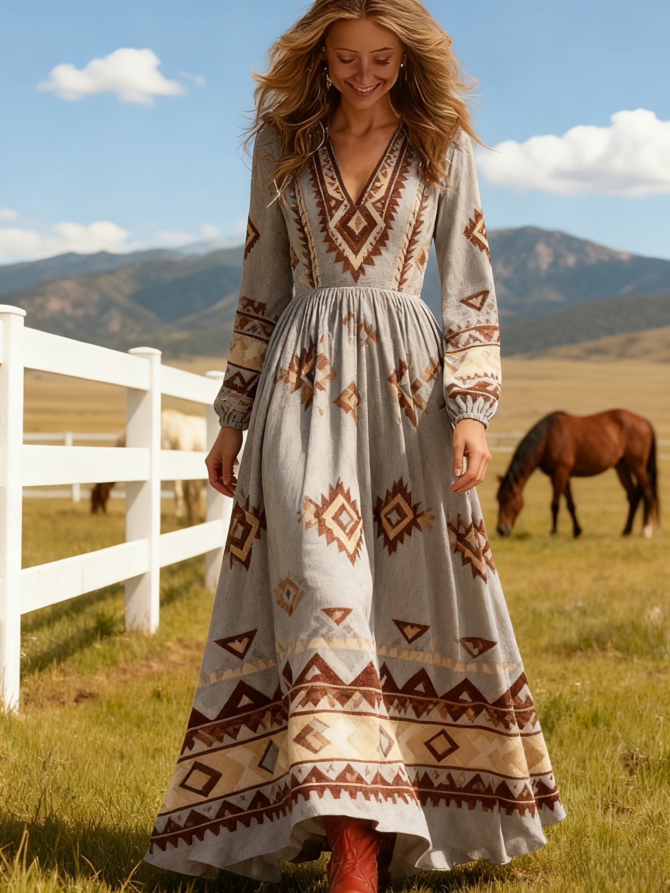 Long Sleeve Ethnic Style Bohemian Large Dress