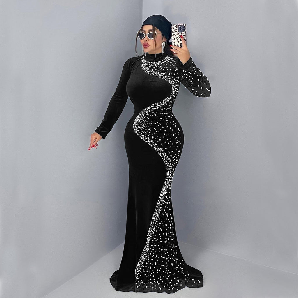 Women's Fashion Wear Elegant Veet Rhinestone Dress