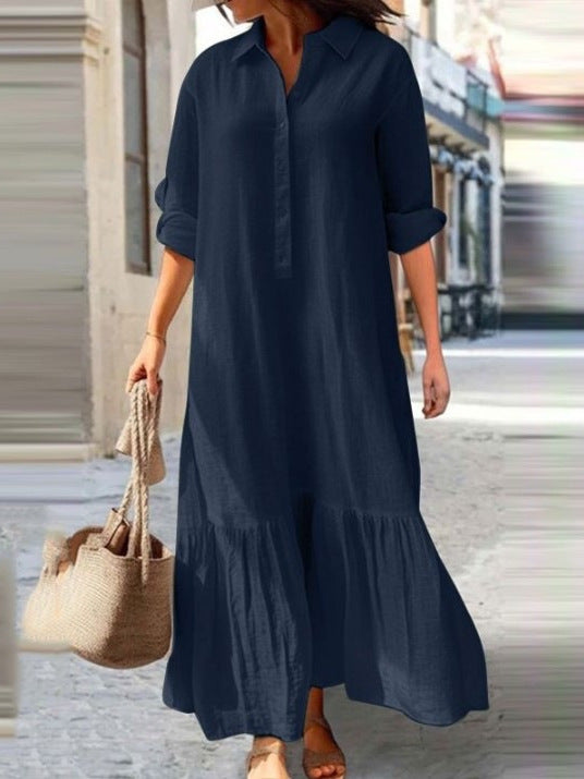 Cotton Linen Long Irregular Shirt Collar Skirts