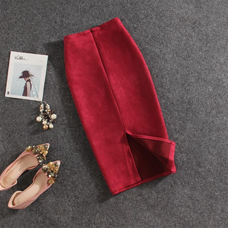 Women's Suede Sheath Solid Color Midi Skirt