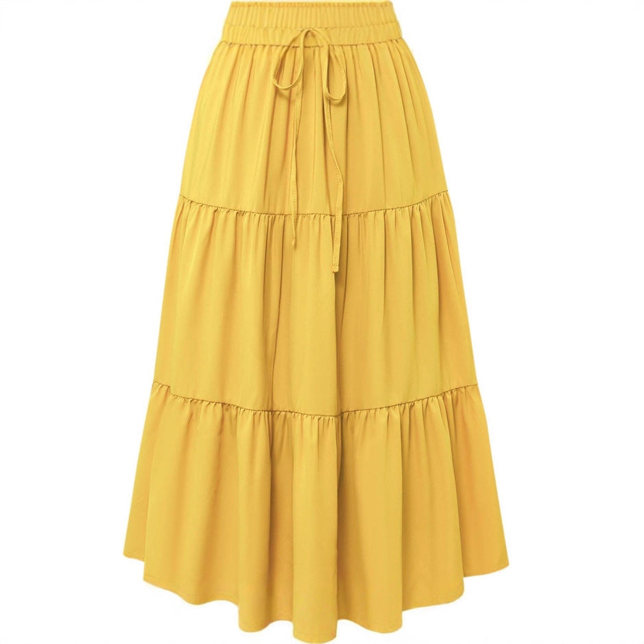 Solid Color Stitching Ruffle Elastic Pocket Skirts