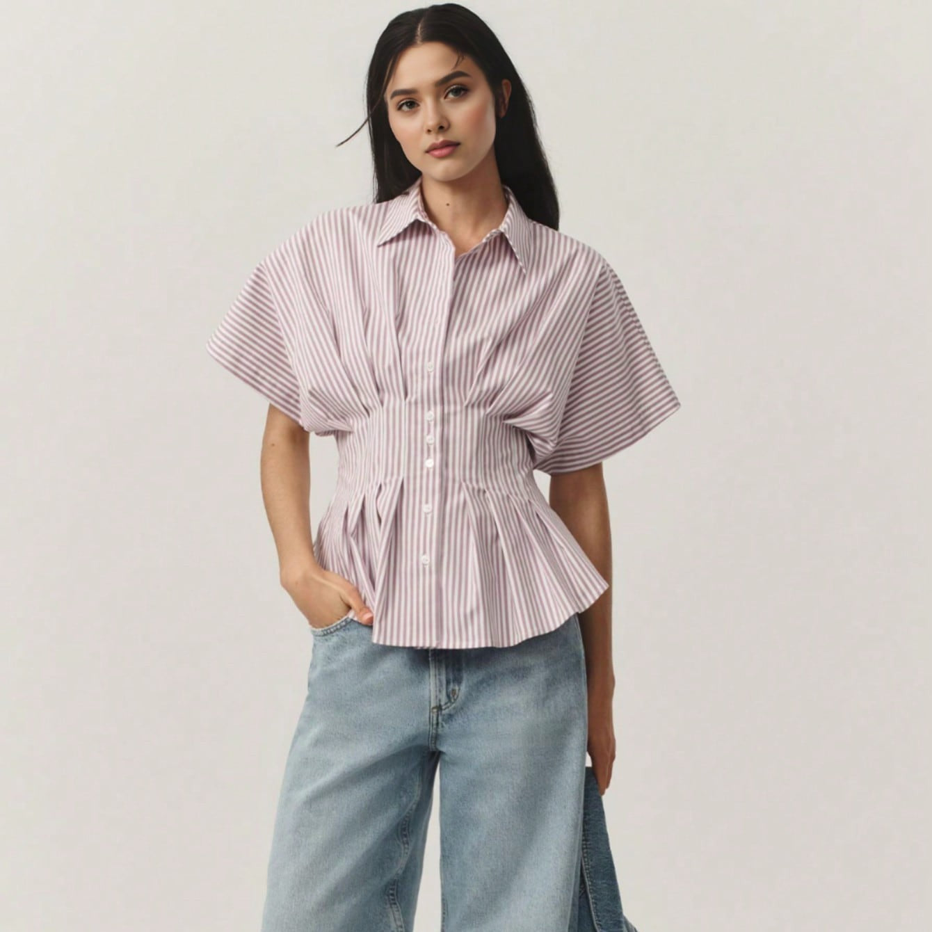 Trimming Shirt Leisure Striped Pleat Waisted Slim Fit Blouse