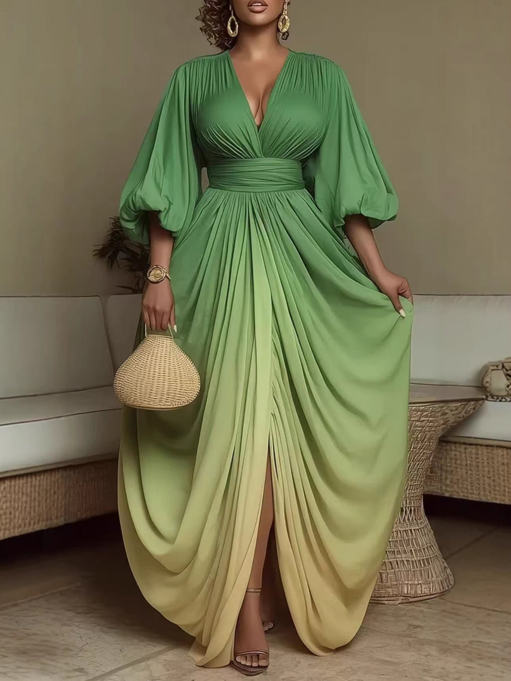Fashion Temperament Printed Pleated Loose Slimming Large Dress