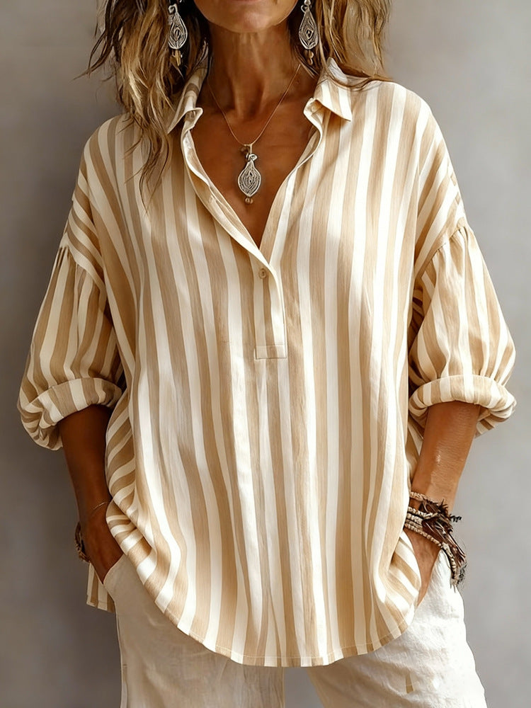 Women's Spring Shirt Collar Long Sleeve Pullover Stripe Blouse