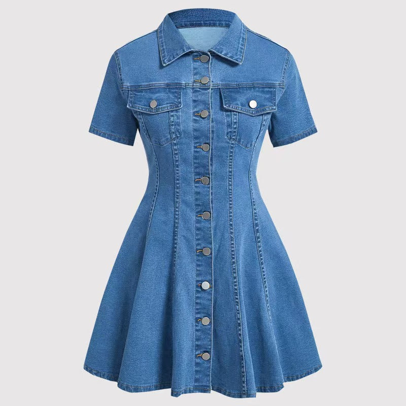 Glamorous Graceful Women's Denim Short-sleeved Waist Dress
