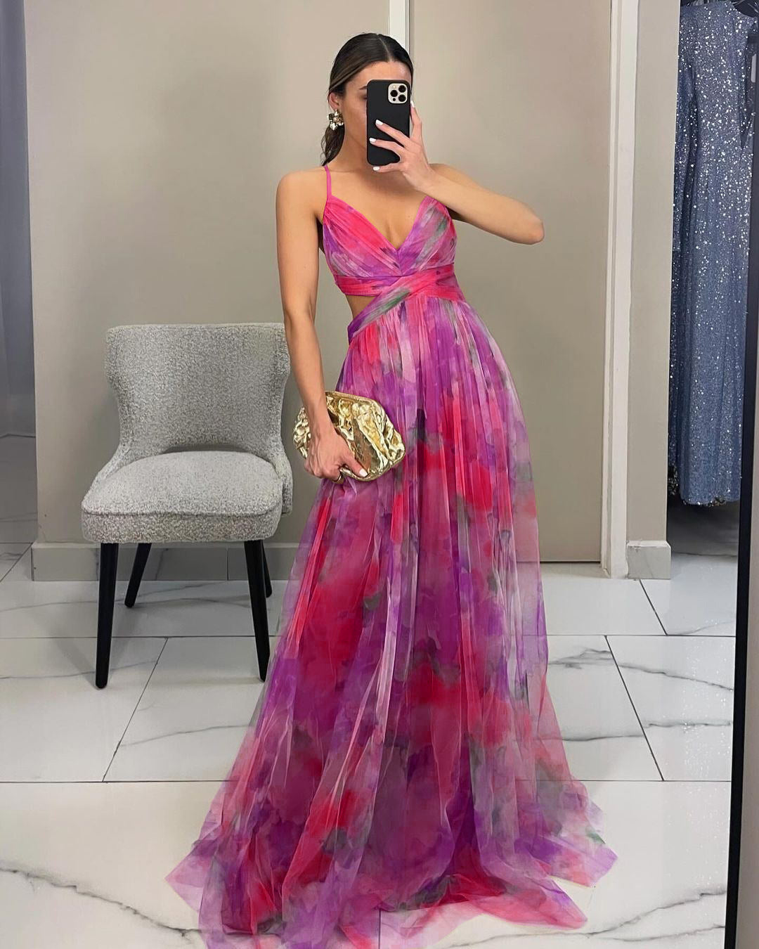 Mesh Printing Slip Vacation Leisure Party Dress