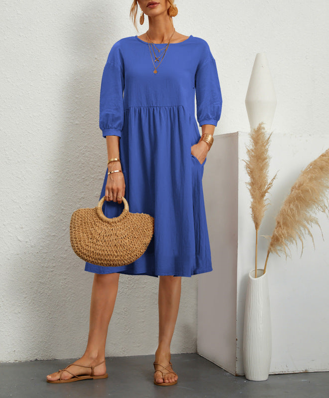 Cotton Linen Solid Color Lantern Sleeve Pleating Loose Skirts