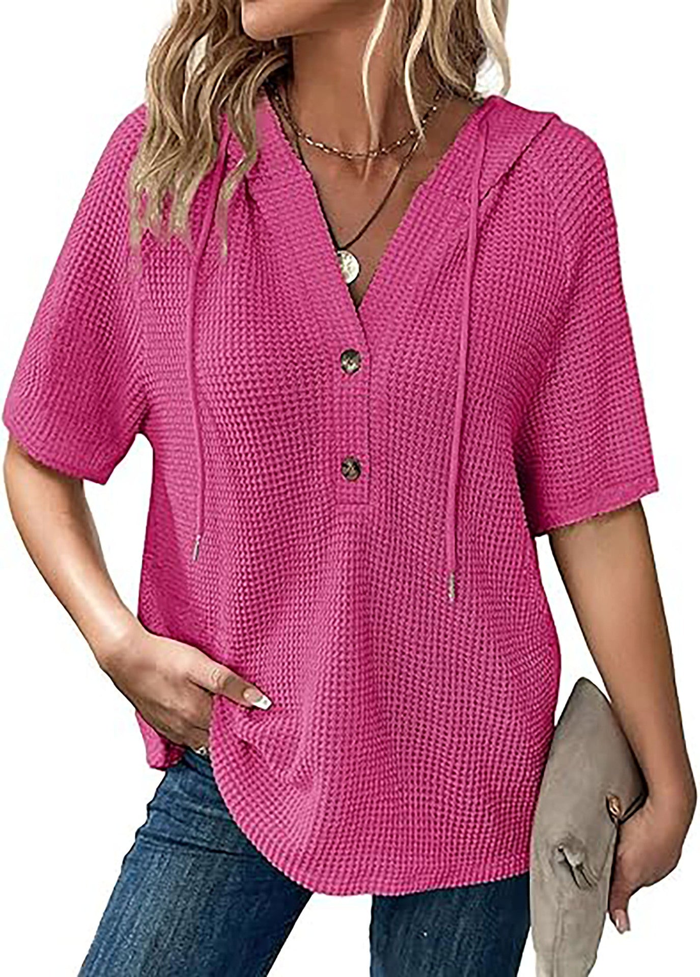 Women's Summer Waffle Knitted Short-sleeved Shirt Lightweight Drawstring Hoodie Blouse