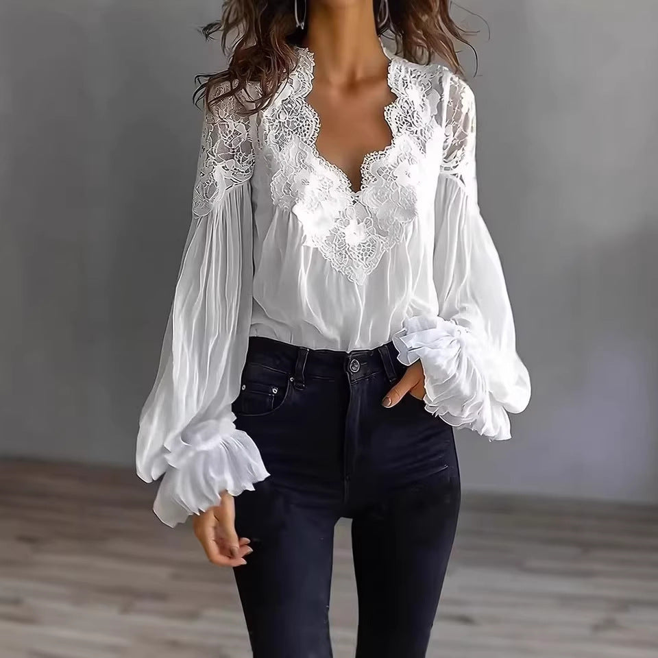 Women's Lace Stitching Puff Sleeve Pleated Shirt Blouse