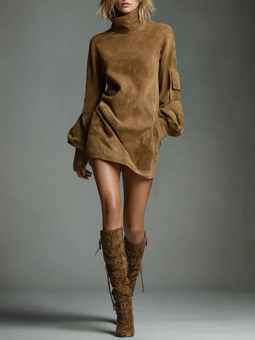 Women's Retro Lapels Suede Long Sleeve Dress