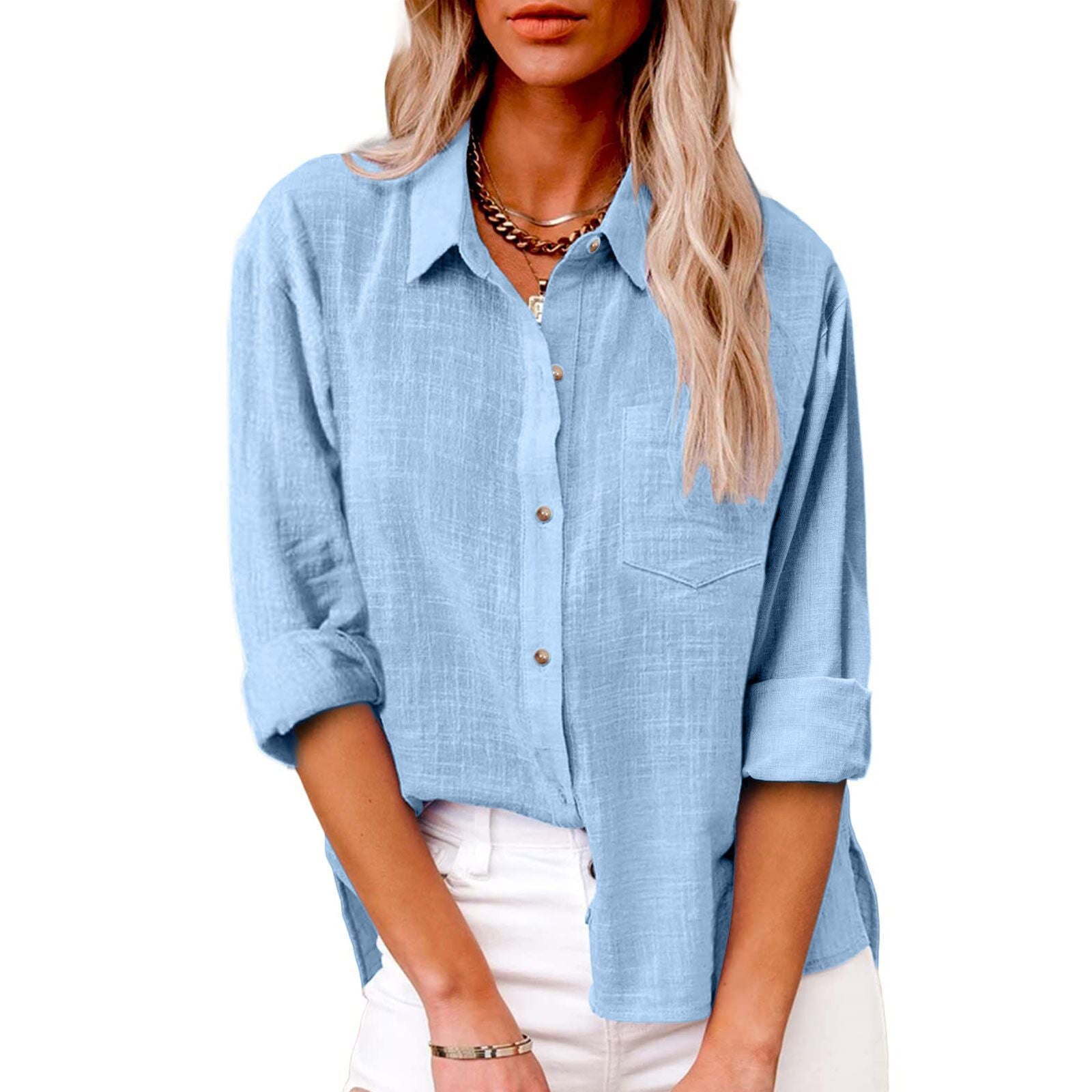 Women's Autumn Pocket Split Long Sleeve Cotton Blouse