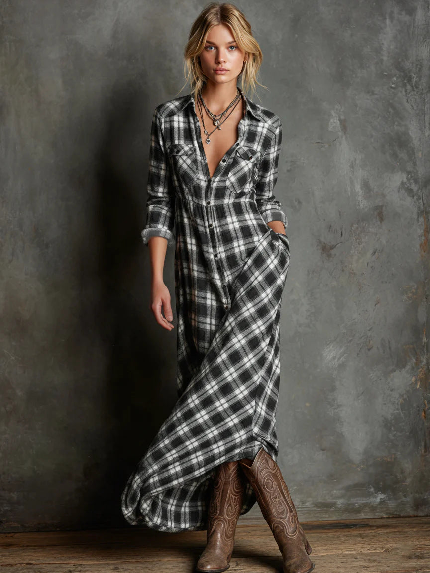 Women's Elegant Long Sleeve Plaid Shirtdress Fashion Dress
