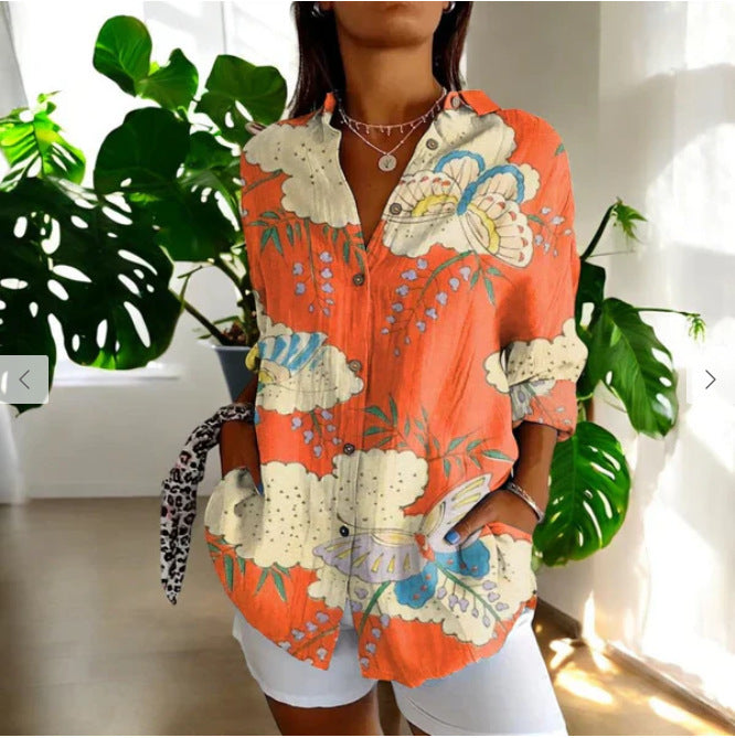 Women's Color Matching Printed Pattern Autumn Casual Loose Shirt Blouse