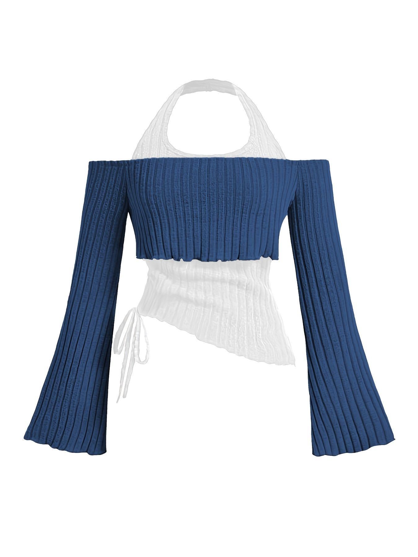 Women's Clothes Long Sleeve Contrast Colors Stitching Halter Women's T-shirt
