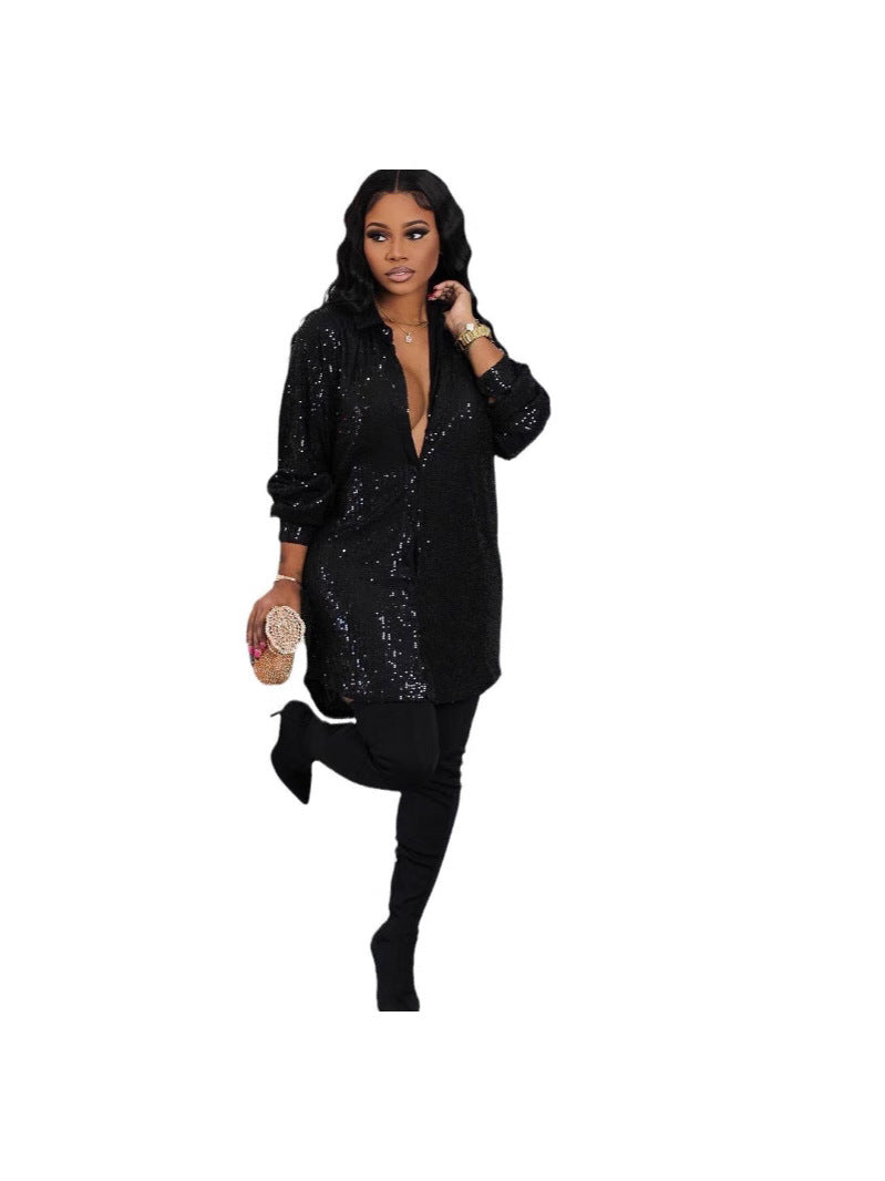 Women's Fashion Pure Color Sequins Shirt Fresh Sweet Cardigans