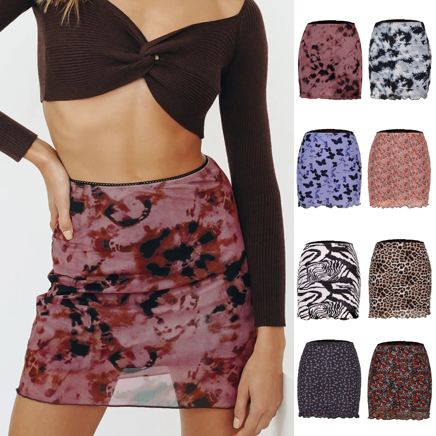Women's Printed Tulle High Waist Slim Hip Skirts