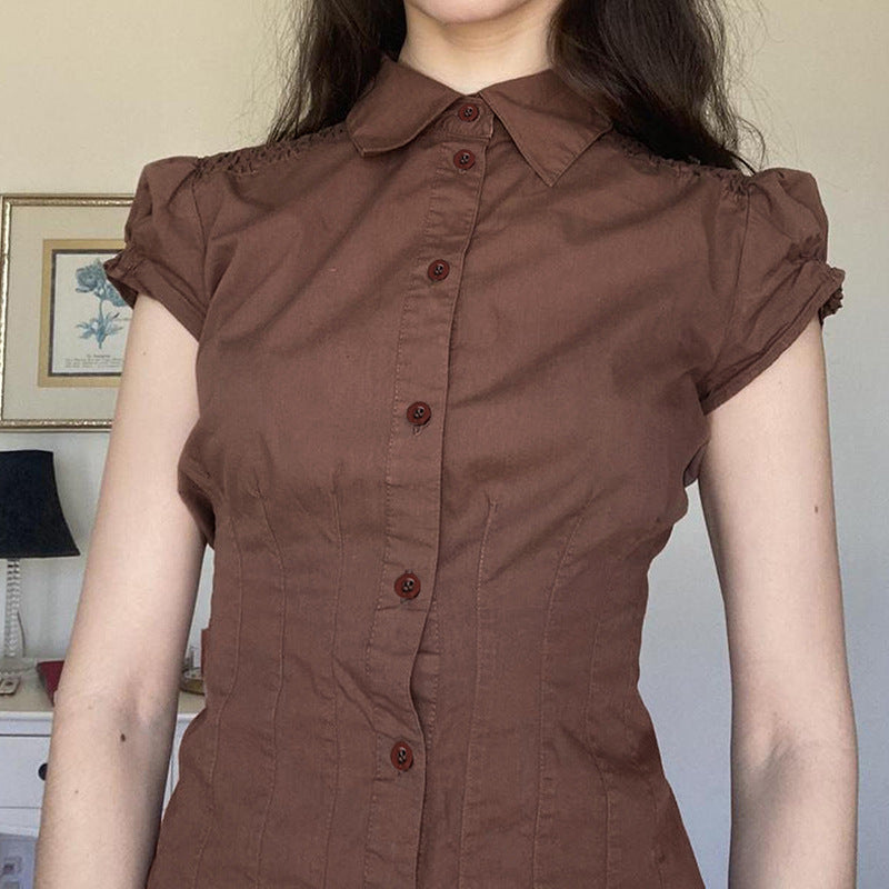 Waist Slimming Lapel Shirt Street Hot Slim Fit Lace Peplum Blouse