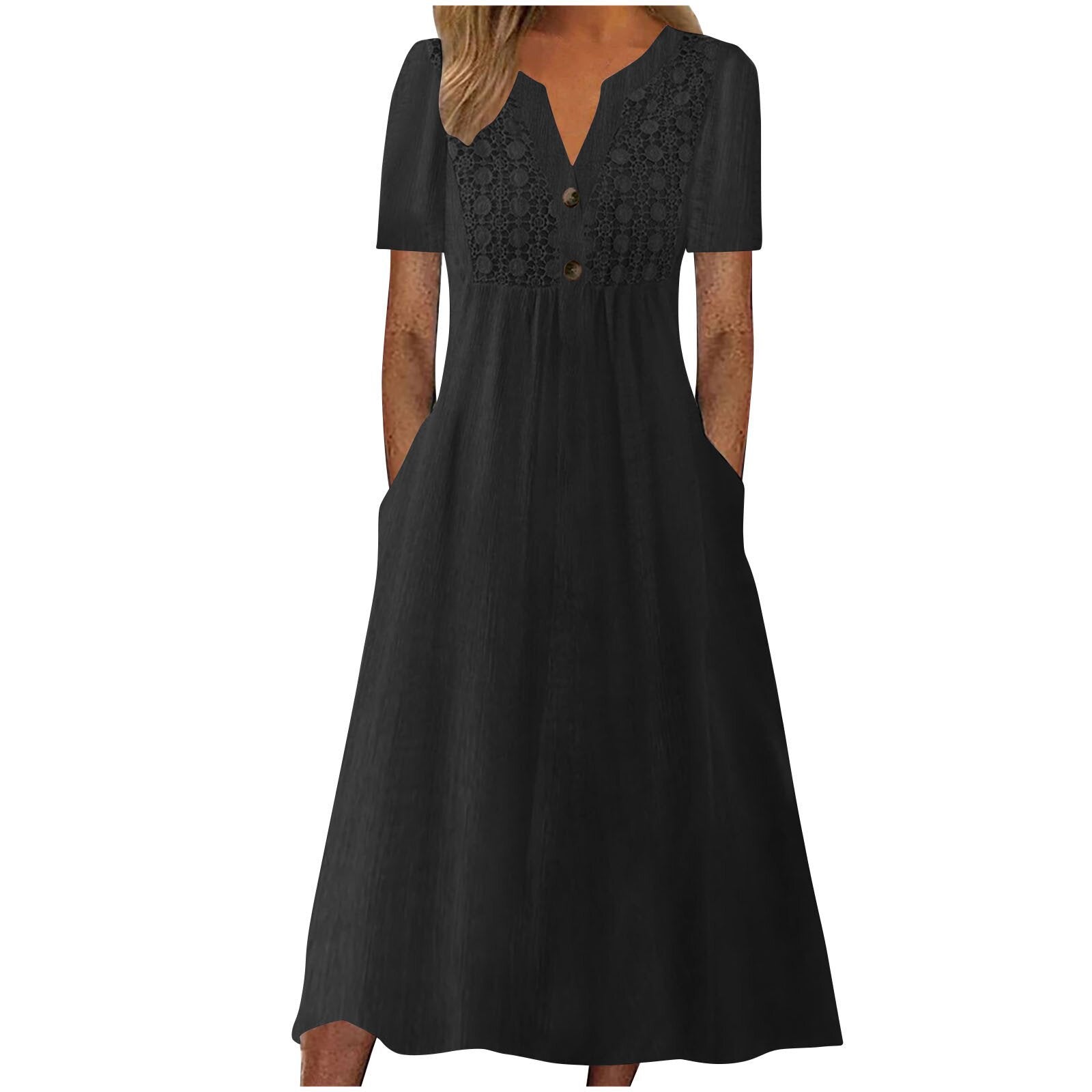 Solid Color Lace Button Pocket Sleeve Dress