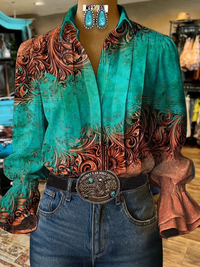 Women's Digital Printing Bohemian Trendy Bell Sleeve Blouse