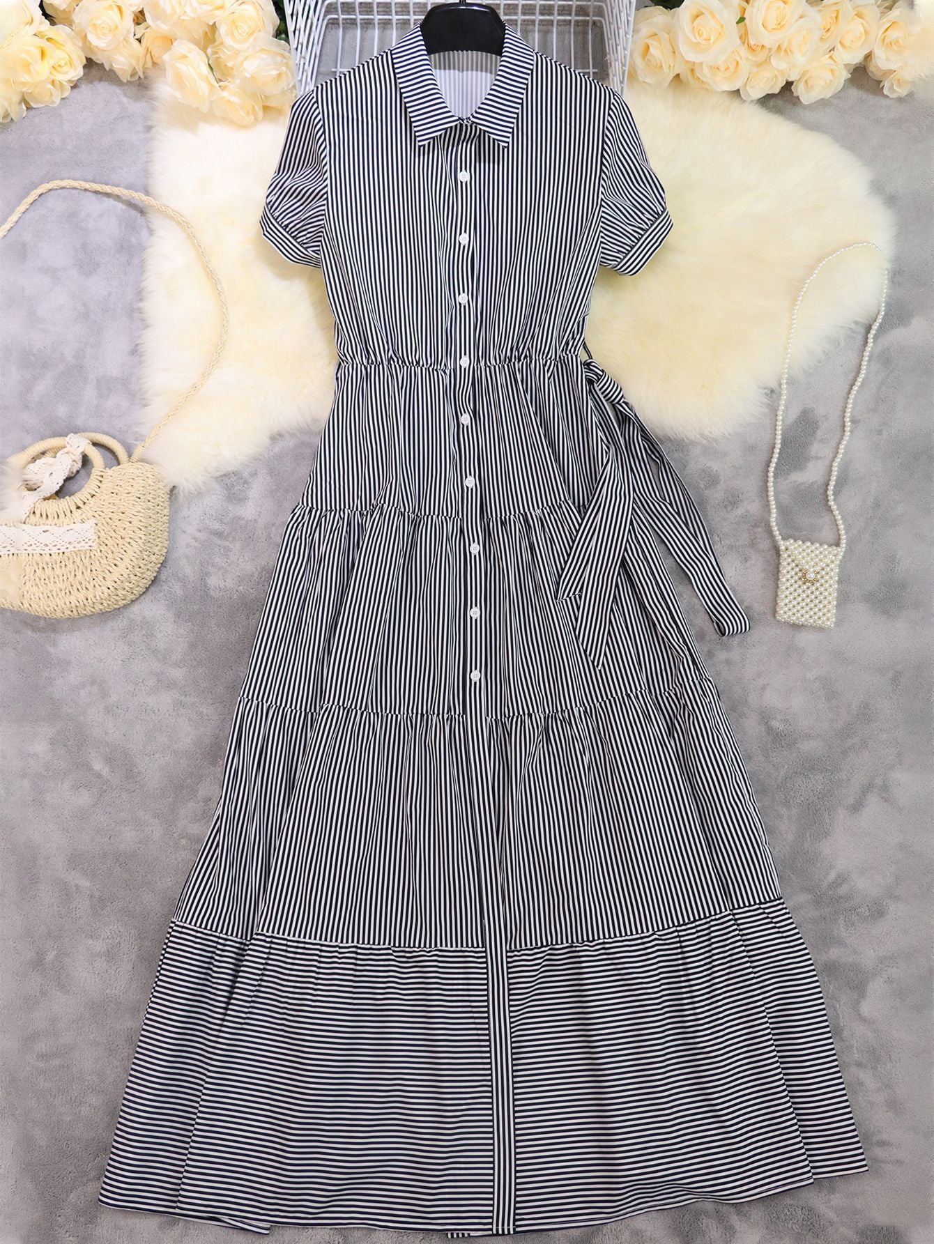 Fashionable Striped Sleeve Loose Midi Elegant Dress