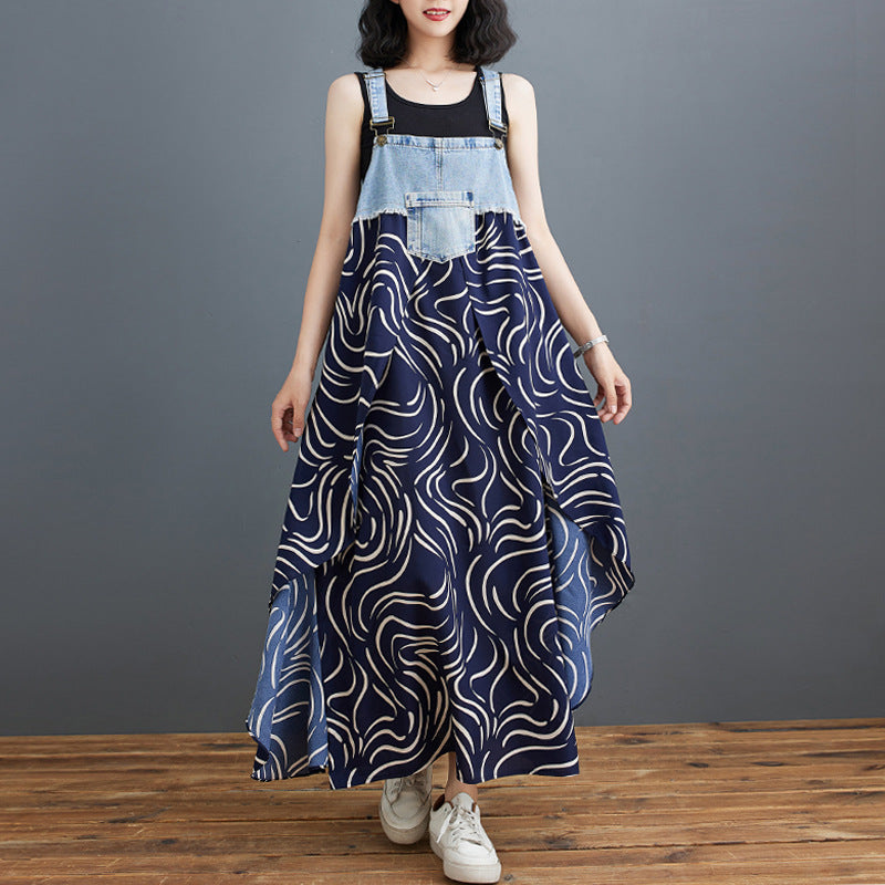 Color Loose Denim Stitching Floral Strap Dress