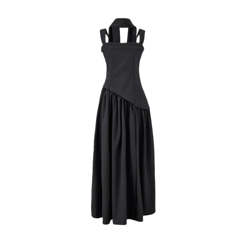 Women's Scarf Suspender Design Sense Sexy High Split Patchwork Pleated Large Dress