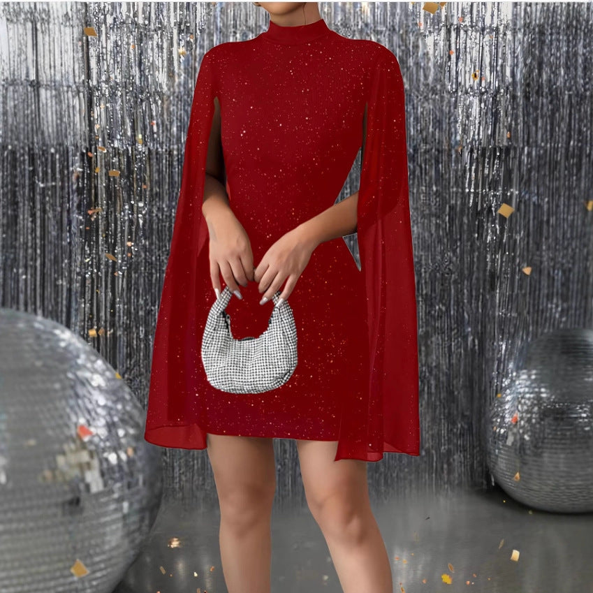 Women's Round Neck Sunken Stripe Pearl Chiffon Dress