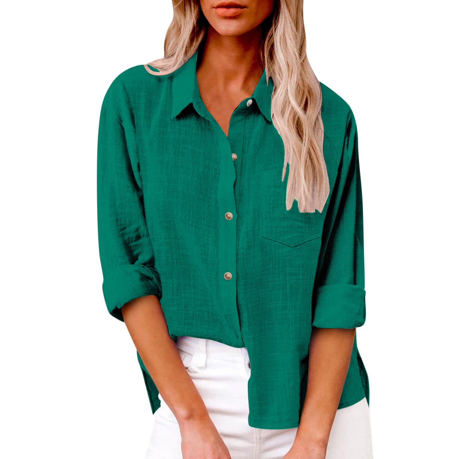 Women's Autumn Pocket Split Long Sleeve Cotton Blouse
