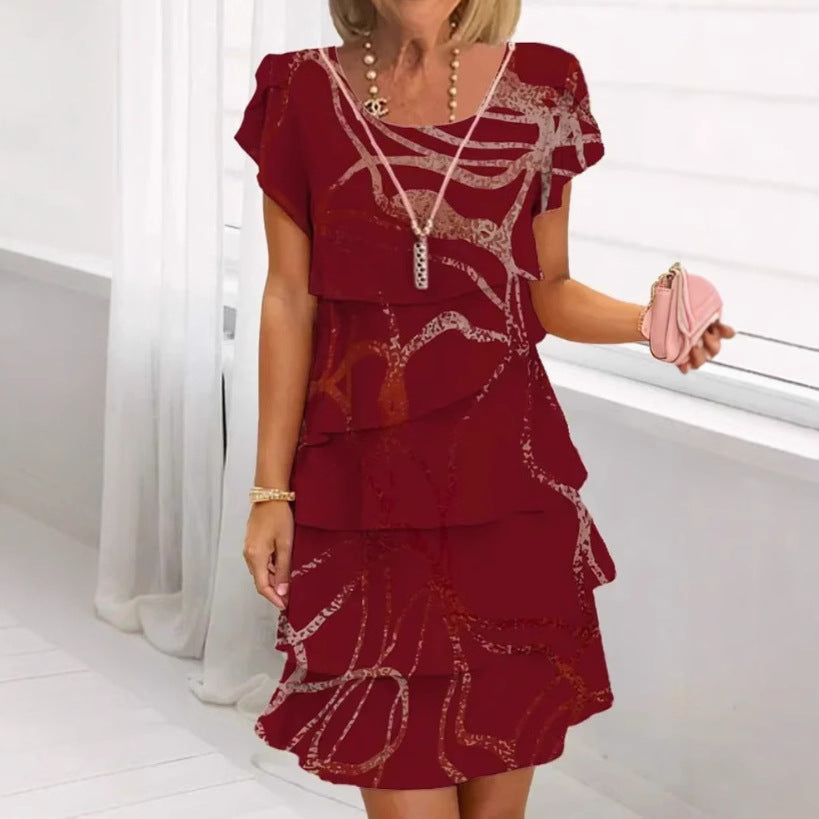 Sleeve Round Neck Printed Series Light Luxury Dress