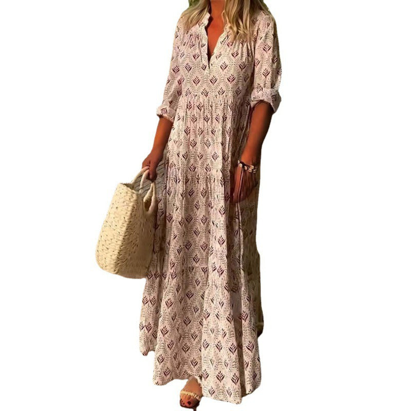 Women's Summer Retro Standing Collar Fashion Loose Dress