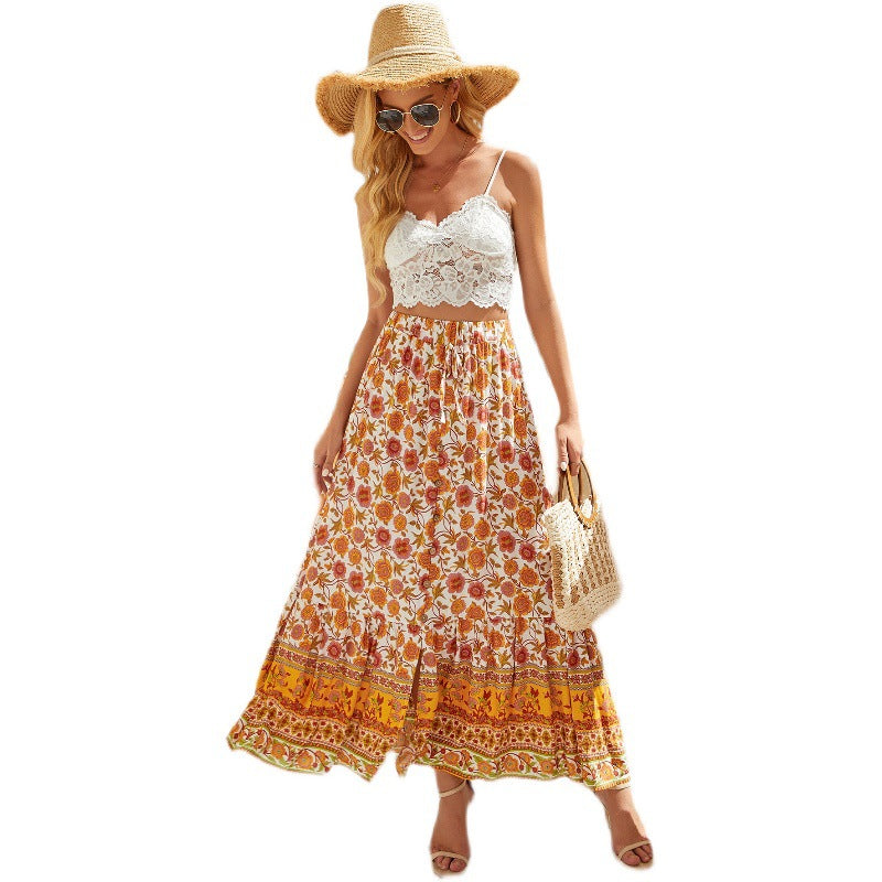 Waist Rayon Printed Breasted Split Seaside Holiday Skirts